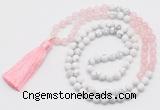GMN6102 Knotted 8mm, 10mm rose quartz & white howlite 108 beads mala necklace with tassel