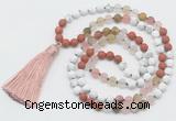 GMN6105 Knotted 8mm, 10mm white howlite, cherry quartz & red jasper 108 beads mala necklace with tassel
