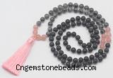 GMN6117 Knotted 8mm, 10mm matte black agate, black labradorite & rose quartz 108 beads mala necklace with tassel