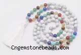 GMN6121 Knotted 7 Chakra 8mm, 10mm white howlite 108 beads mala necklace with tassel