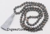 GMN6131 Knotted 8mm, 10mm grey opal 108 beads mala necklace with tassel