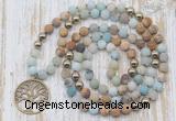 GMN6144 Knotted 8mm, 10mm matte amazonite & picture jasper 108 beads mala necklace with charm