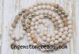 GMN6145 Knotted 8mm, 10mm white fossil jasper & picture jasper 108 beads mala necklace with charm