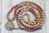 GMN6146 Knotted 8mm, 10mm matte picture jasper & red jasper 108 beads mala necklace with charm