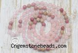 GMN6151 Knotted 8mm, 10mm rose quartz & pink wooden jasper 108 beads mala necklace with charm