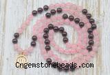 GMN6152 Knotted 8mm, 10mm rose quartz & garnet 108 beads mala necklace with charm