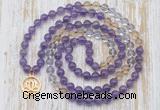 GMN6153 Knotted 8mm, 10mm amethyst, citrine & white crystal 108 beads mala necklace with charm