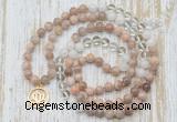 GMN6154 Knotted 8mm, 10mm sunstone, white crystal & white jade 108 beads mala necklace with charm