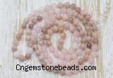 GMN6155 Knotted 8mm, 10mm sunstone, rose quartz & white jade 108 beads mala necklace with charm