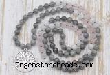 GMN6156 Knotted 8mm, 10mm labradorite, rose quartz & white moonstone 108 beads mala necklace with charm