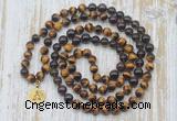 GMN6158 Knotted 8mm, 10mm yellow tiger eye, garnet & smoky quartz 108 beads mala necklace with charm