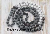 GMN6159 Knotted 8mm, 10mm snowflake obsidian, garnet & matte white howlite 108 beads mala necklace with charm