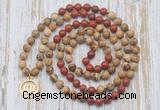 GMN6160 Knotted 8mm, 10mm picture jasper & red jasper 108 beads mala necklace with charm