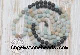 GMN6163 Knotted 8mm, 10mm matte amazonite & black lava 108 beads mala necklace with charm