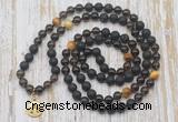 GMN6169 Knotted 8mm, 10mm black lava, smoky quartz & golden tiger eye 108 beads mala necklace with charm