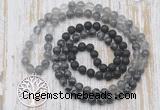 GMN6170 Knotted 8mm, 10mm black lava, black labradorite & cloudy quartz 108 beads mala necklace with charm