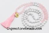 GMN6202 Knotted rose quartz & white howlite 108 beads mala necklace with tassel & charm