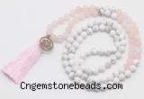 GMN6203 Knotted matte rose quartz & white howlite 108 beads mala necklace with tassel & charm