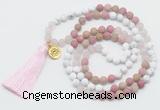GMN6204 Knotted white howlite, pink jasper & rose quartz 108 beads mala necklace with tassel & charm