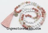 GMN6205 Knotted white howlite, cherry quartz & red jasper 108 beads mala necklace with tassel & charm