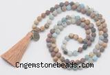 GMN6206 Knotted 8mm, 10mm matte mixed amazonite & jasper 108 beads mala necklace with tassel & charm