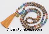 GMN6223 Knotted 7 Chakra yellow tiger eye 108 beads mala necklace with tassel & charm