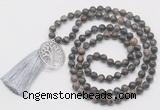 GMN6231 Knotted 8mm, 10mm grey opal 108 beads mala necklace with tassel & charm