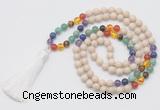 GMN6235 Knotted 7 Chakra 8mm, 10mm white fossil jasper 108 beads mala necklace with tassel