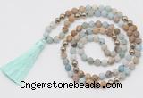 GMN6244 Knotted 8mm, 10mm matte amazonite & picture jasper 108 beads mala necklace with tassel