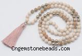 GMN6245 Knotted 8mm, 10mm white fossil jasper & picture jasper 108 beads mala necklace with tassel