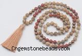 GMN6246 Knotted 8mm, 10mm matte picture jasper & red jasper 108 beads mala necklace with tassel