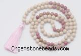 GMN6250 Knotted 8mm, 10mm white fossil jasper & pink wooden jasper 108 beads mala necklace with tassel