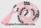 GMN6252 Knotted 8mm, 10mm rose quartz & garnet 108 beads mala necklace with tassel