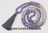 GMN6253 Knotted 8mm, 10mm amethyst, citrine & white crystal 108 beads mala necklace with tassel