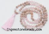 GMN6255 Knotted 8mm, 10mm sunstone, rose quartz & white jade 108 beads mala necklace with tassel