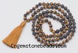 GMN6258 Knotted 8mm, 10mm yellow tiger eye, garnet & smoky quartz 108 beads mala necklace with tassel