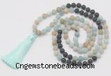 GMN6263 Knotted 8mm, 10mm matte amazonite & black lava 108 beads mala necklace with tassel