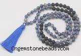 GMN6264 Knotted 8mm, 10mm blue spot stone & black lava 108 beads mala necklace with tassel