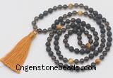 GMN6269 Knotted 8mm, 10mm black lava, smoky quartz & golden tiger eye 108 beads mala necklace with tassel