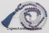 GMN6301 Knotted amethyst, white crystal & lapis lazuli 108 beads mala necklace with tassel & charm