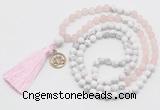 GMN6303 Knotted matte rose quartz & white howlite 108 beads mala necklace with tassel & charm