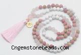 GMN6304 Knotted white howlite, pink jasper & rose quartz 108 beads mala necklace with tassel & charm