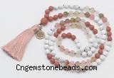 GMN6305 Knotted white howlite, cherry quartz & red jasper 108 beads mala necklace with tassel & charm