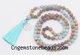 GMN6307 Knotted 8mm, 10mm matte amazonite & jasper 108 beads mala necklace with tassel & charm