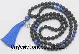 GMN6314 Knotted black lava & lapis lazuli 108 beads mala necklace with tassel & charm