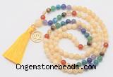 GMN6320 Knotted 7 Chakra honey jade 108 beads mala necklace with tassel & charm