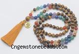 GMN6323 Knotted 7 Chakra yellow tiger eye 108 beads mala necklace with tassel & charm