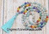 GMN6339 Knotted 7 Chakra 8mm, 10mm amazonite 108 beads mala necklace with tassel