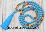 GMN6340 Knotted 7 Chakra 8mm, 10mm turquoise 108 beads mala necklace with tassel