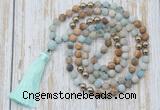 GMN6344 Knotted 8mm, 10mm matte amazonite & picture jasper 108 beads mala necklace with tassel